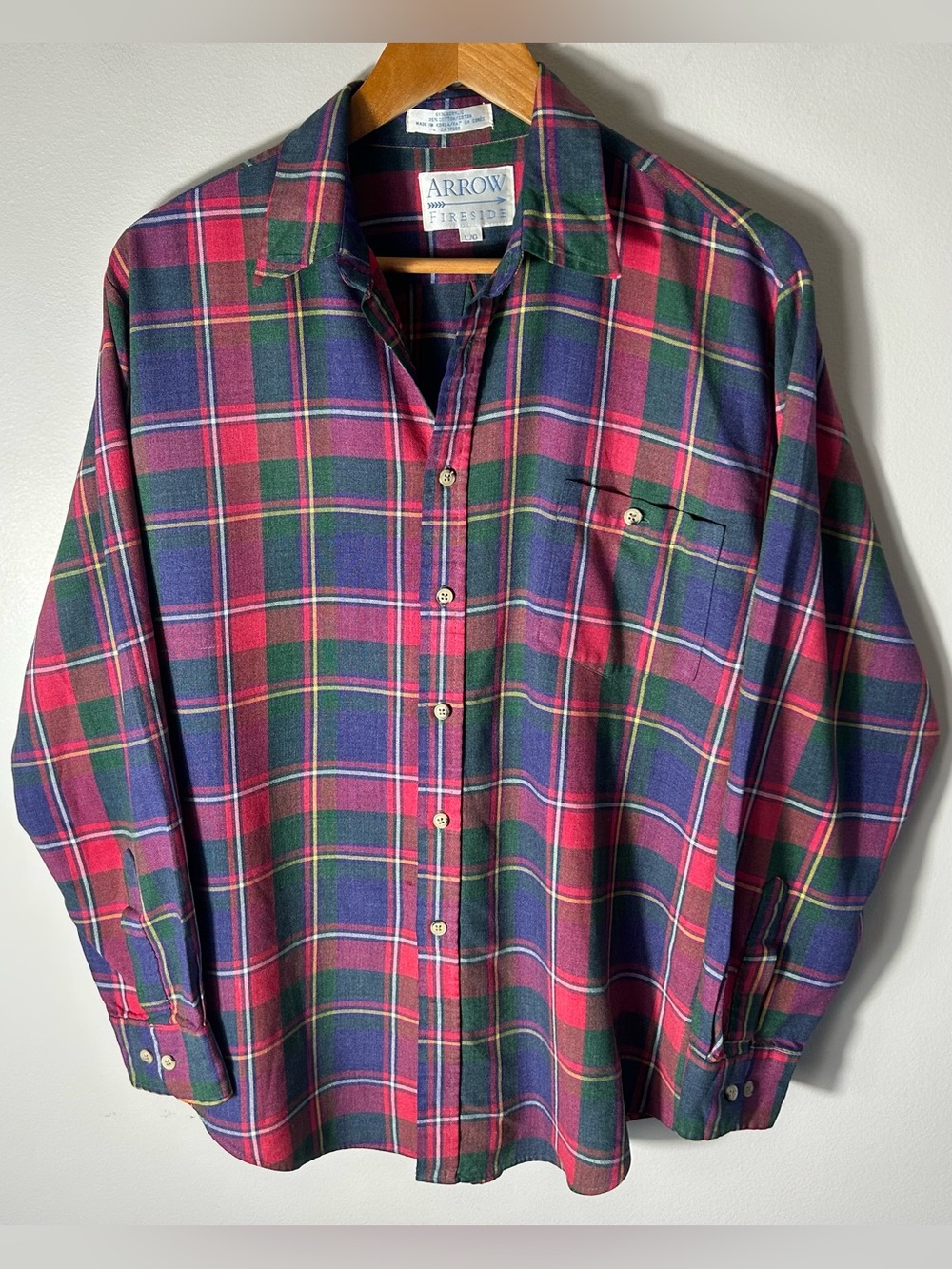 Vintage 90s Arrow Fireside Button Up Shirt Mens L Blue Green Red Plaid Flannel